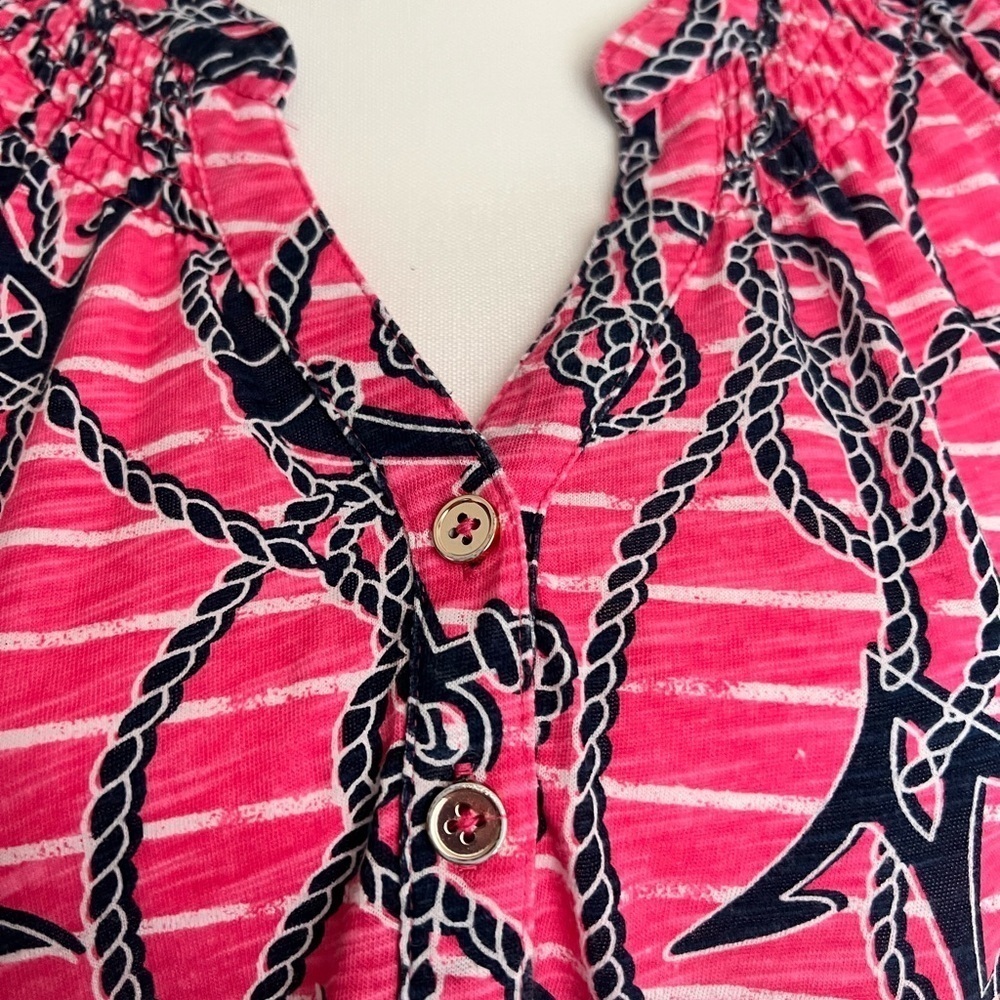 Caribbean Joe Pink Nautical Print Smocked Neck Sleeveless Top - Picture 3 of 10